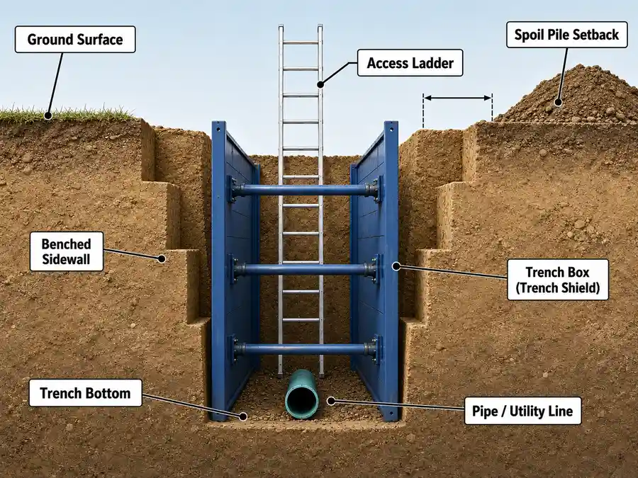 Cutaway diagram of a protected trench excavation with labeled OSHA safety features — trench box (trench shield), benched sidewalls, access ladder, spoil pile setback, trench bottom, and the pipe